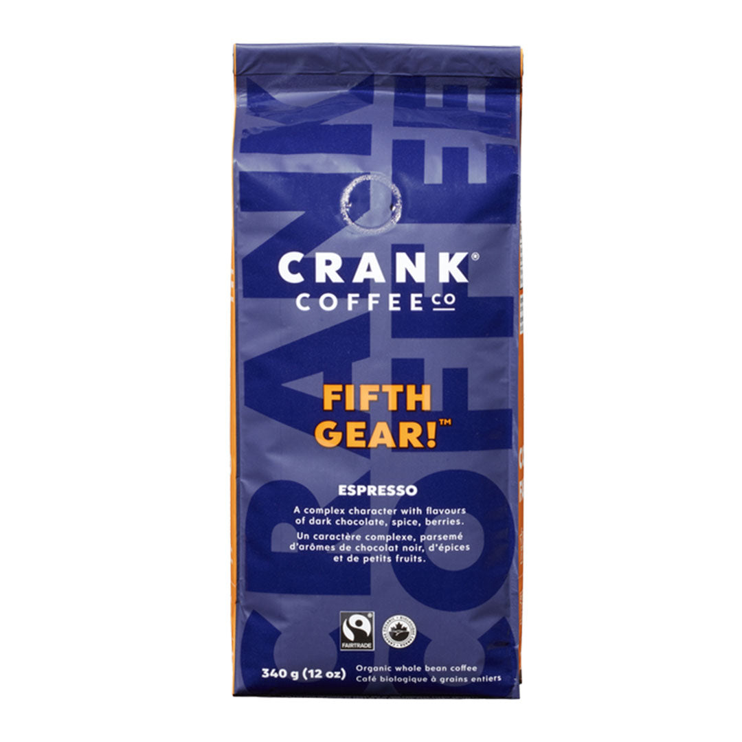 A product shot of a bag of the Fifth Gear Espresso beans by Crank Coffee.